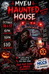 MVEU Haunted House flyer: October 16 & 17, 6PM–10PM, 341 East Orvis St, Massena NY, $10 per person