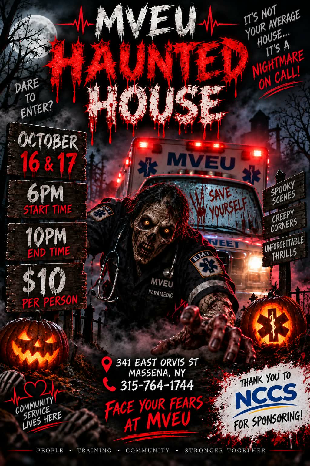 MVEU Haunted House flyer: October 16 & 17, 6PM–10PM, 341 East Orvis St, Massena NY, $10 per person